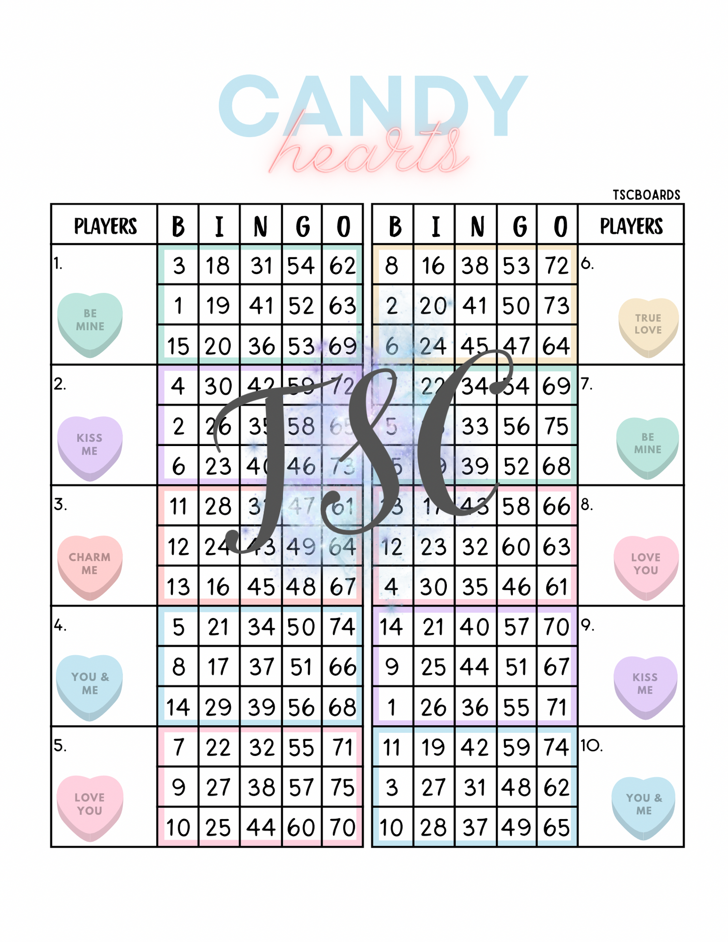 Candy Hearts Double Blocks Bingo Board 1-75 Ball