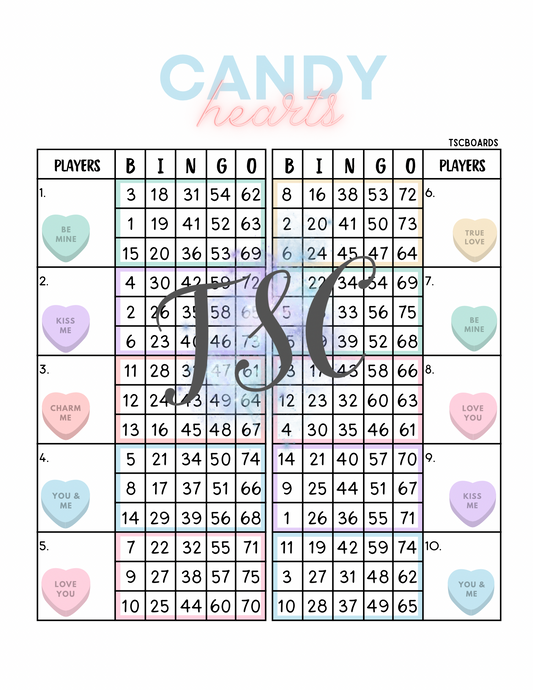 Candy Hearts Double Blocks Bingo Board 1-75 Ball