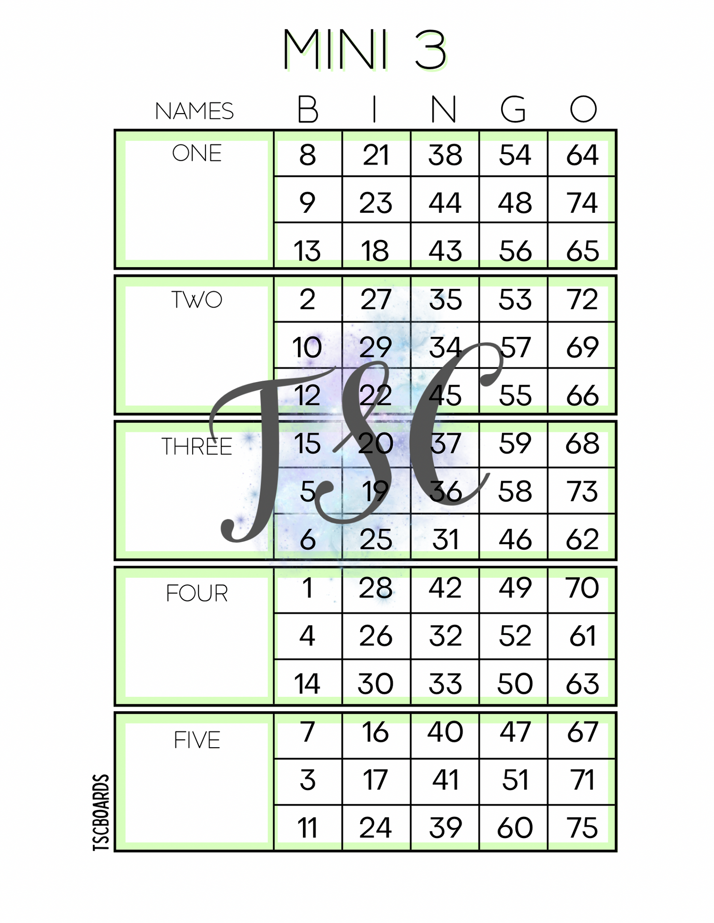 Mini 3 Green Block Bingo Board 1-75 Ball