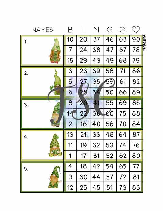 St Patrick’s Day Gnomes Block Bingo Board 1-90 Ball