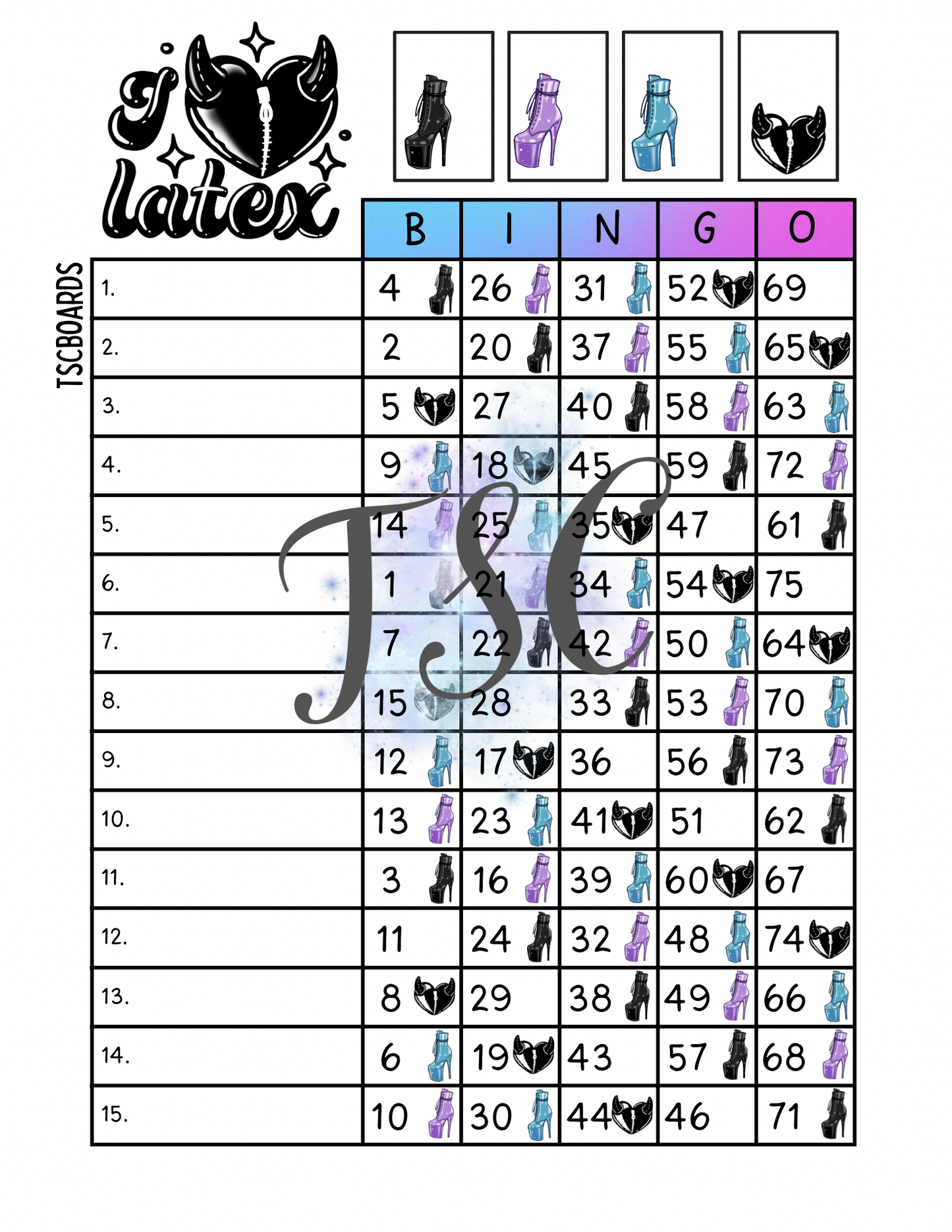 I Love Latex Bingo Board 1-75 Ball