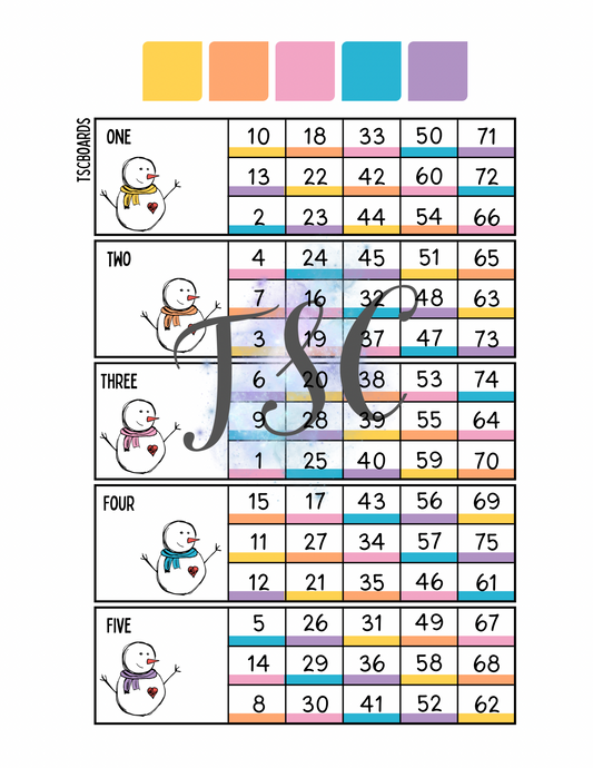 Snowman Rainbow Block Bingo Board 1-75 Ball