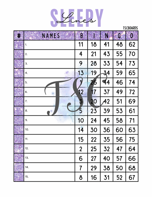 Sleepylines Purple Bingo Board 1-75 Ball