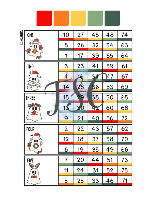 Christmas Ghost Rainbow Block Bingo Board 1-75 Ball