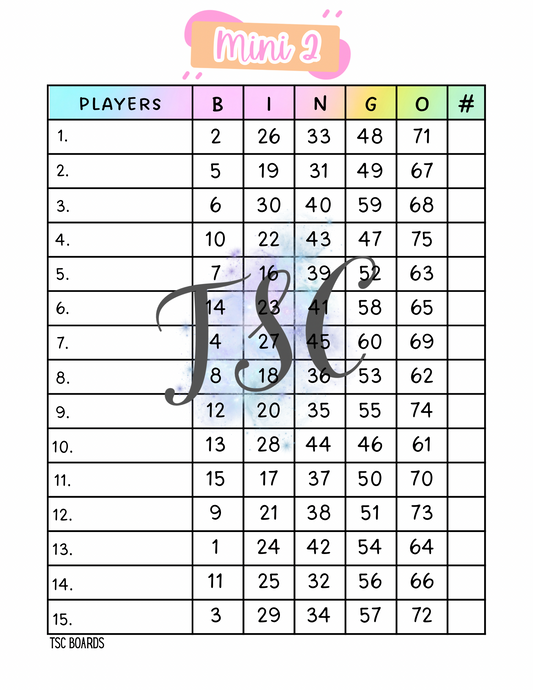 Pastel Mini 2 Bingo Board 1-75 Ball