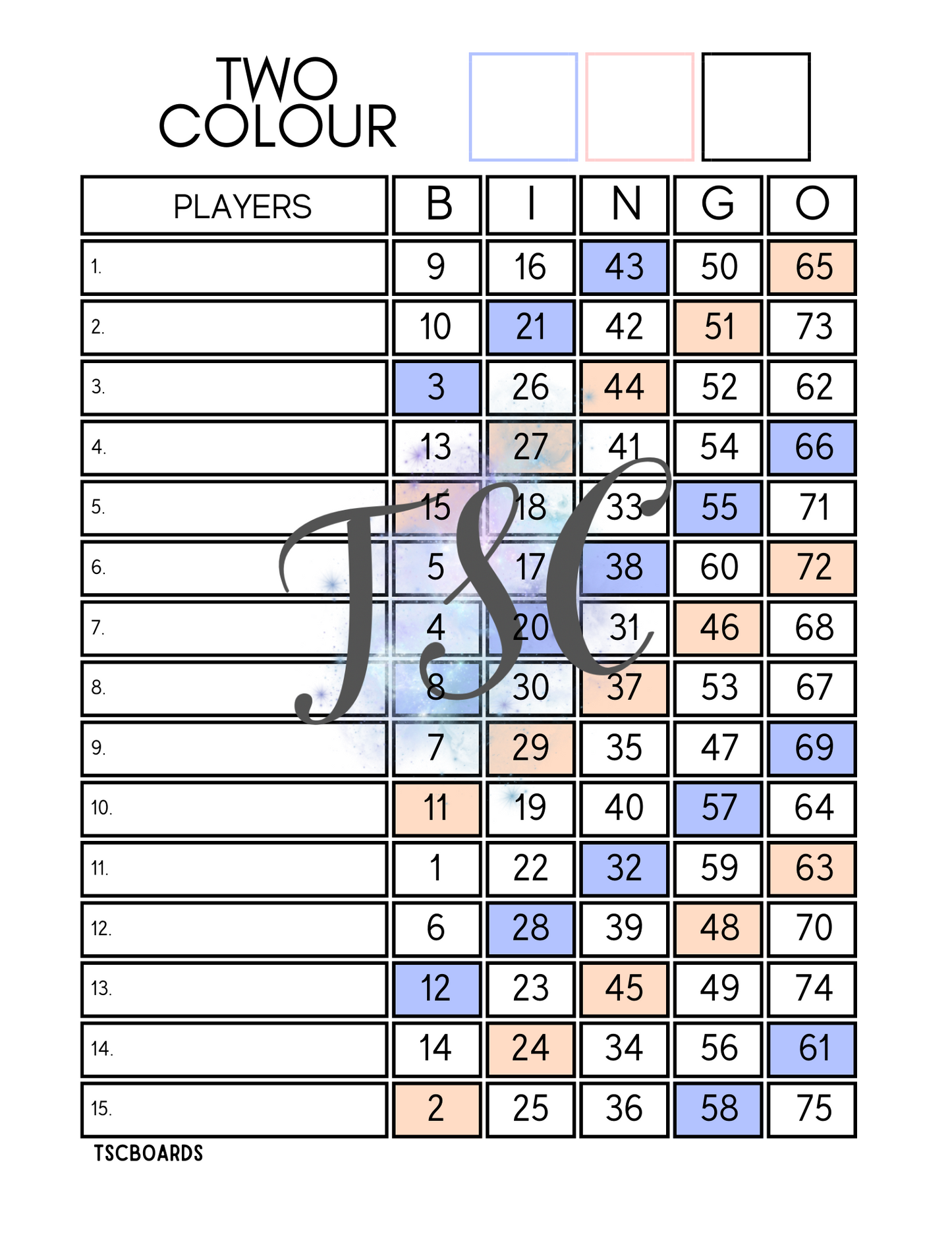 Two Colour Bingo Board 1-75 Ball