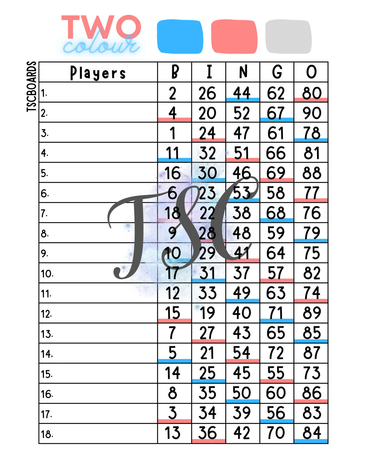 Two Colour Bingo Board 1-18 Line 1-90 Ball