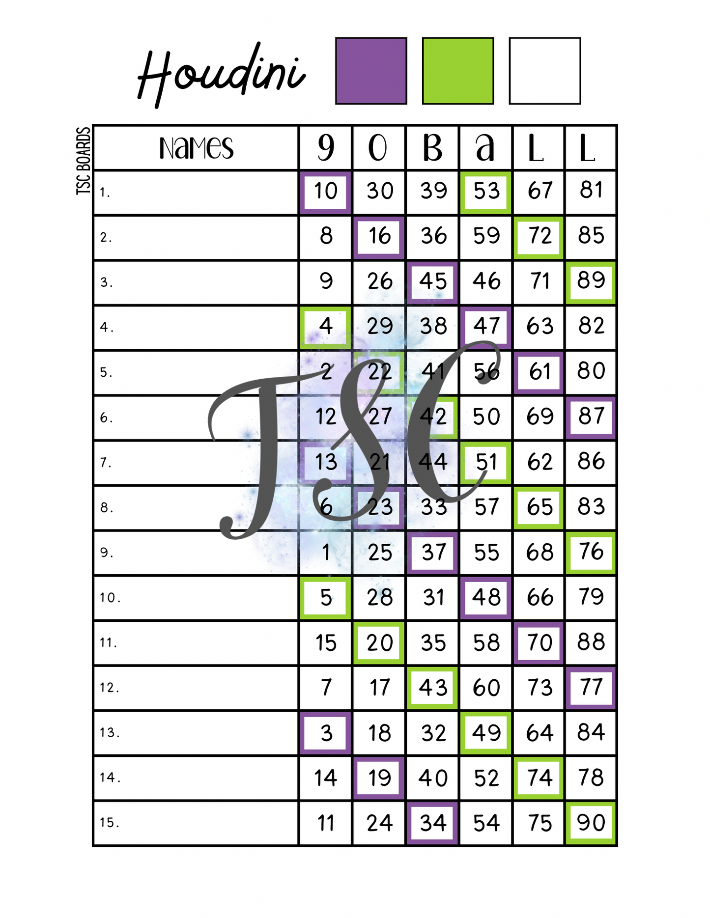 Houdini Bingo Board 1-90 Ball