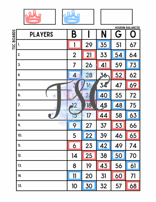 Crown Two Colour Bingo Board 1-75 Ball 1-15 Line