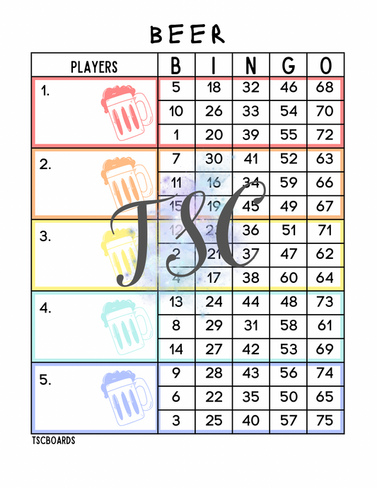 Beer Rainbow Block Bingo Board 1-75 Ball