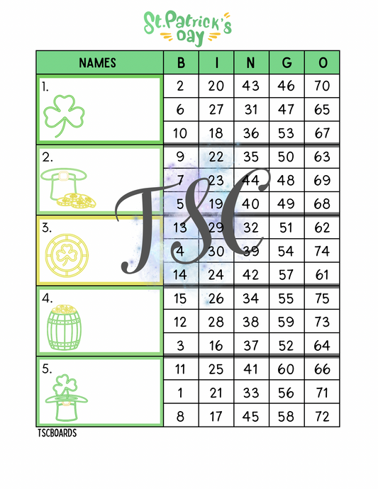 St Patrick’s Day Block Bingo Board 1-75 Ball