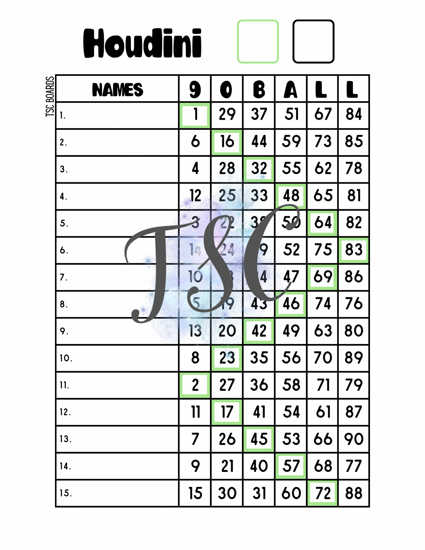 Houdini Bingo Board 1-90 Ball 1-15 Line