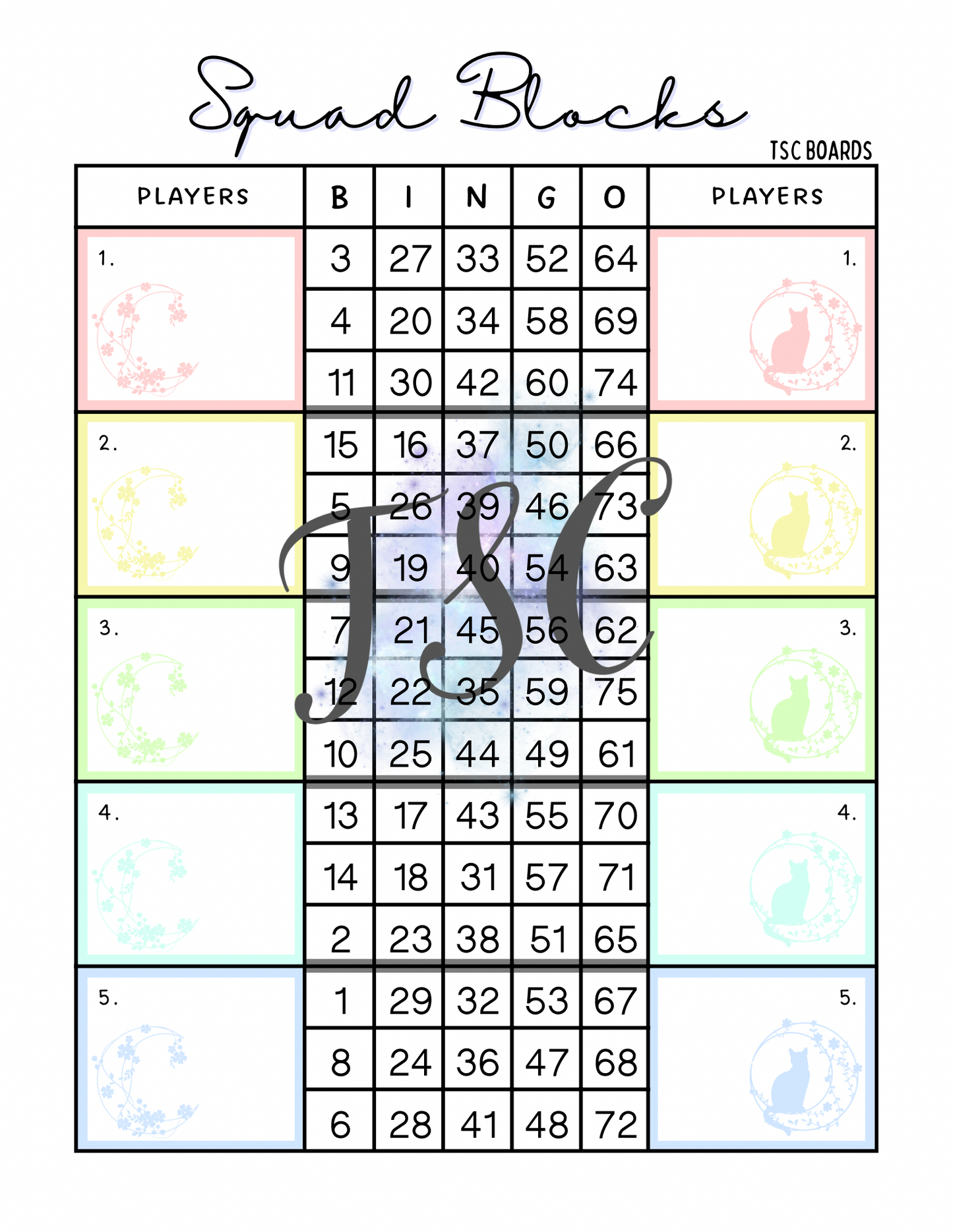 Moon Cat Squad Blocks Bingo Board 1-75 Ball