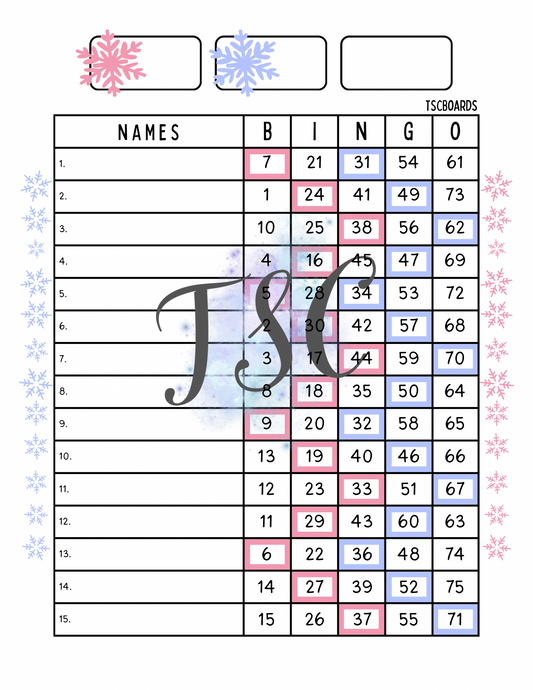 Snowflakes Bingo Board 1-75 Ball