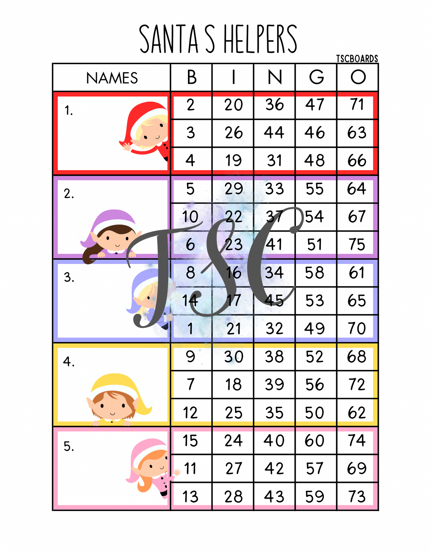 Santas Helpers Block Bingo Board 1-75 Ball