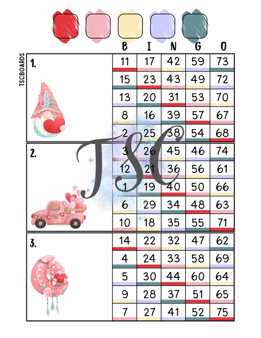 Valentine Gnomes Mega Block Bingo Board 1-75 Ball