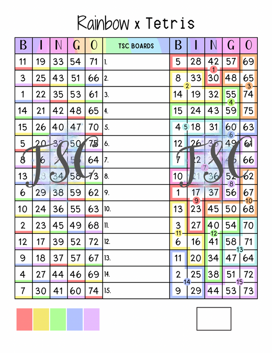Rainbow X Tetris Double Page Bingo Board 1-75 Ball
