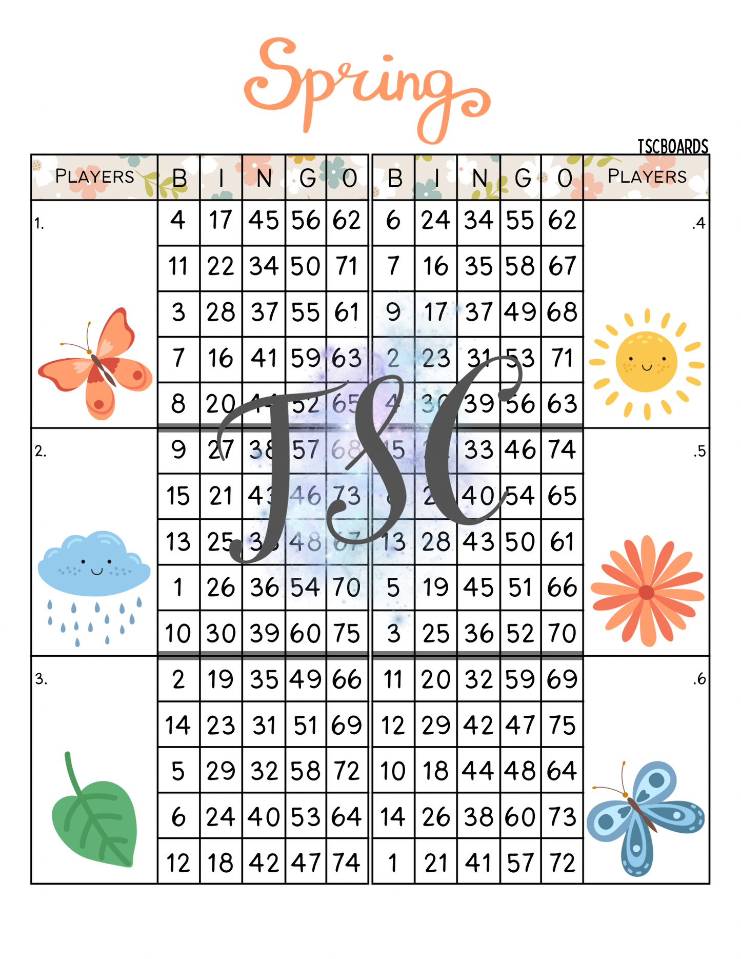 Spring Mega Double Block Bingo Board 1-75 Ball