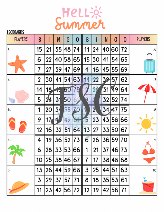 Hello Summer Double Block Bingo Board 1-75 Ball