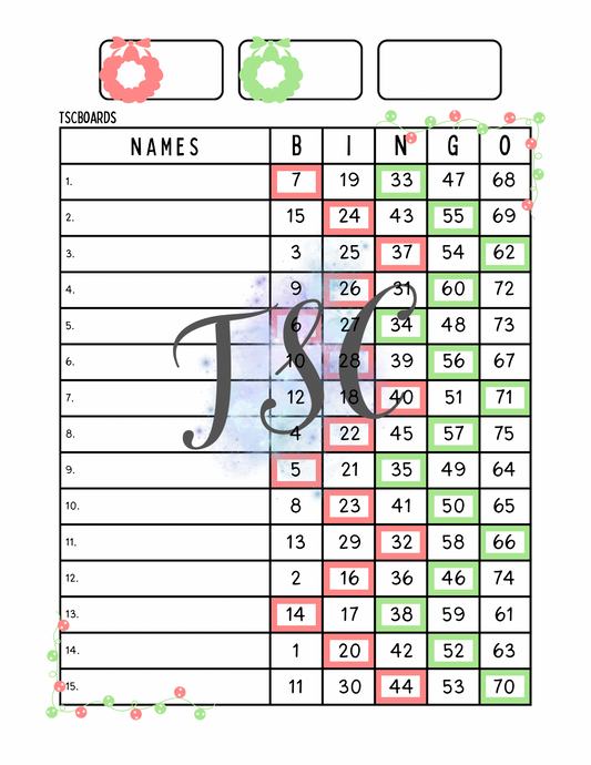 Wreaths Bingo Board 1-75 Ball