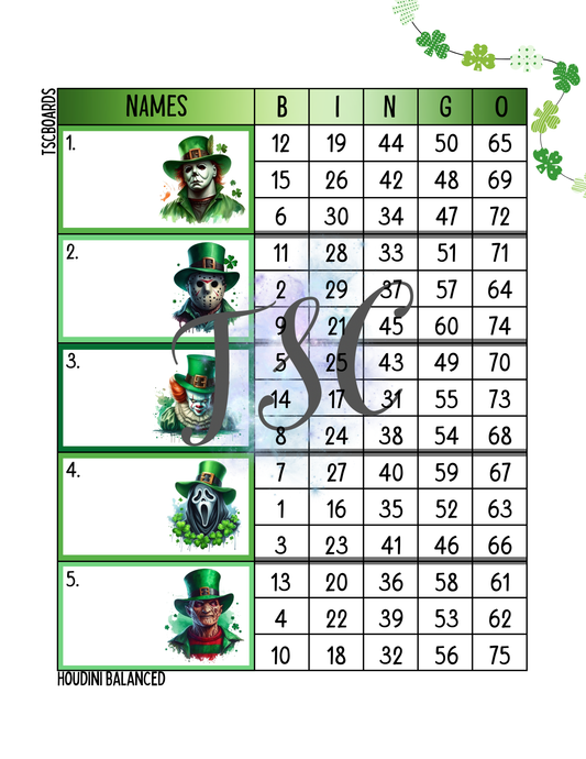 Horror St Patricks Block Bingo Board 1-75 Ball