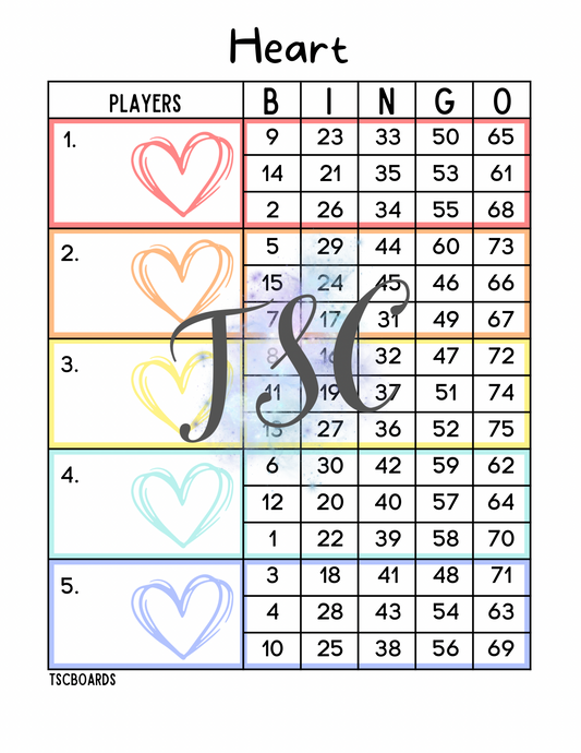 Heart Rainbow Block Bingo Board 1-75 Ball