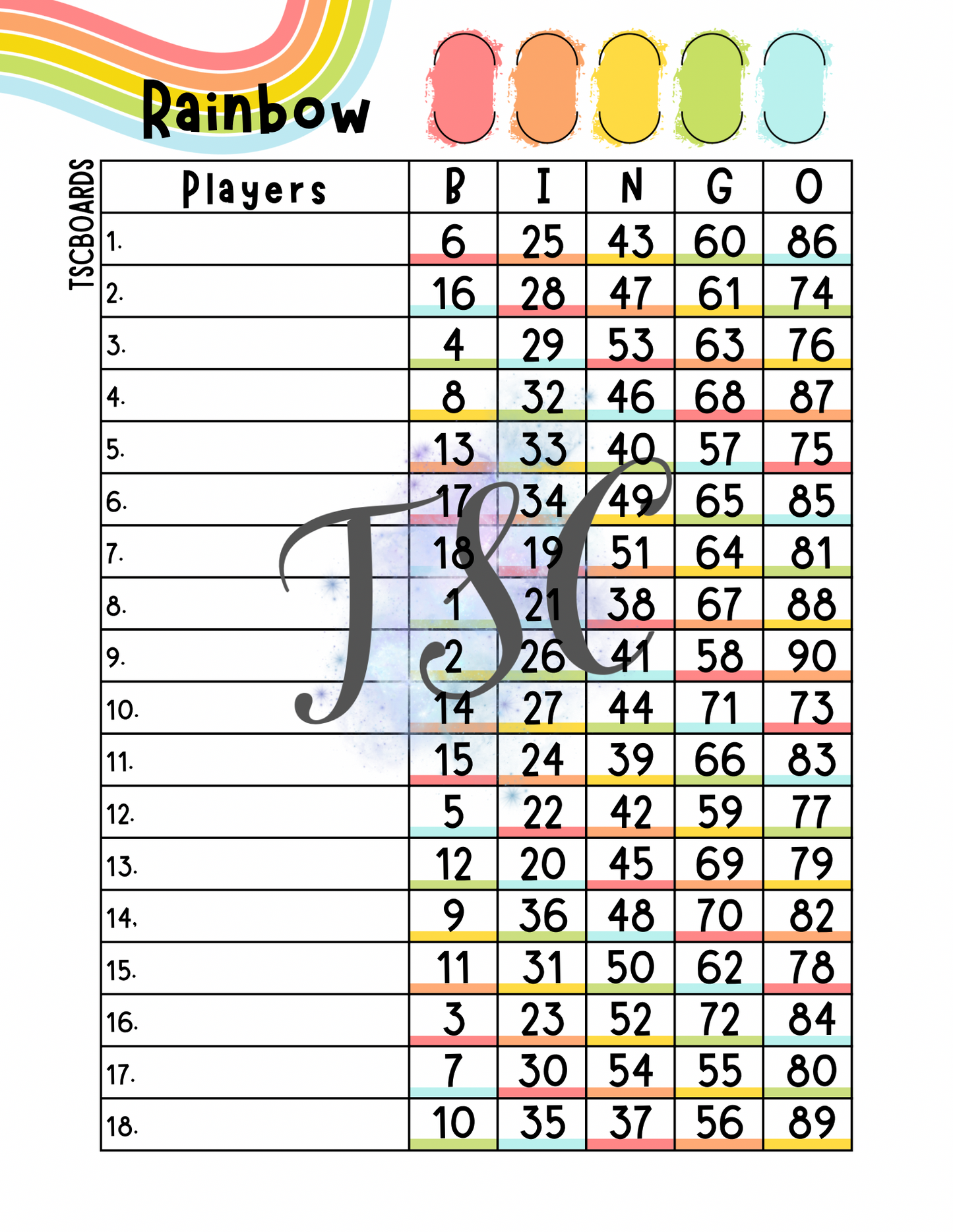 Rainbow Bingo Board 1-18 Line 1-90 Ball