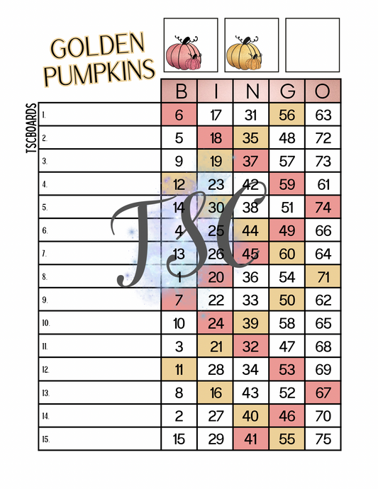 Golden Pumpkins Bingo Board 1-75 Ball