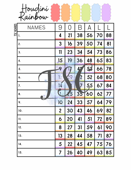 Houdini Rainbow Bingo Board 1-90 Ball 1-15 Line