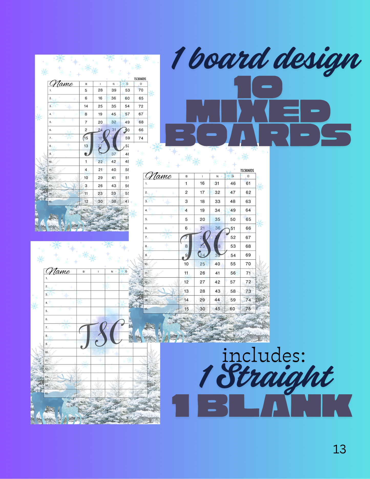 Christmas Bundle BLUE 10 Mixed Bingo Boards 1-75 Ball