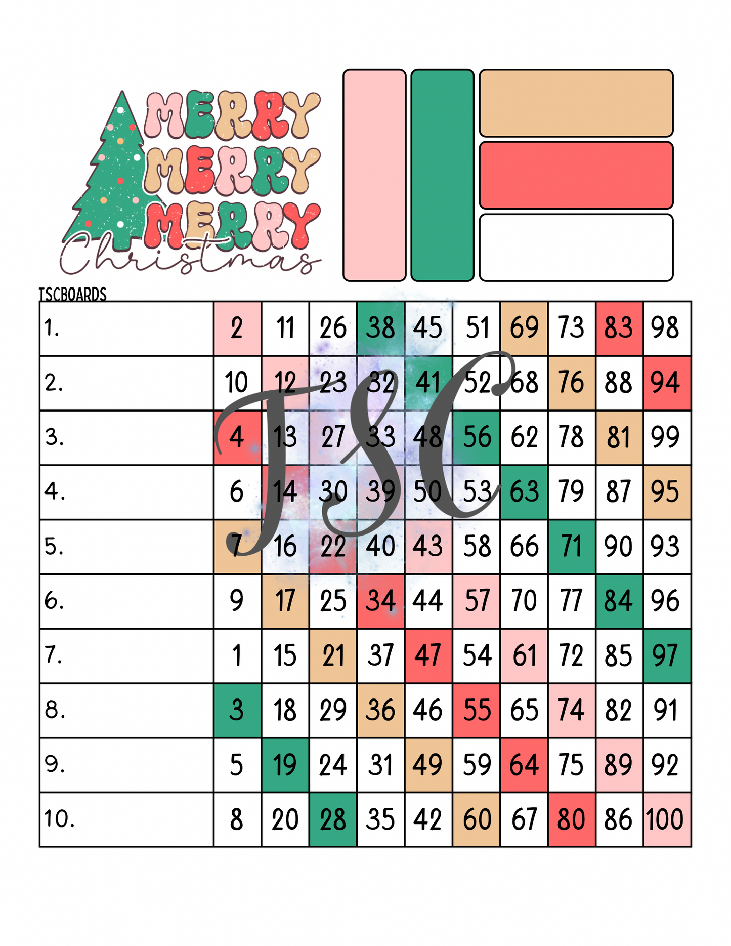 Merry Merry Merry Christmas Bingo Board 1-100 Ball