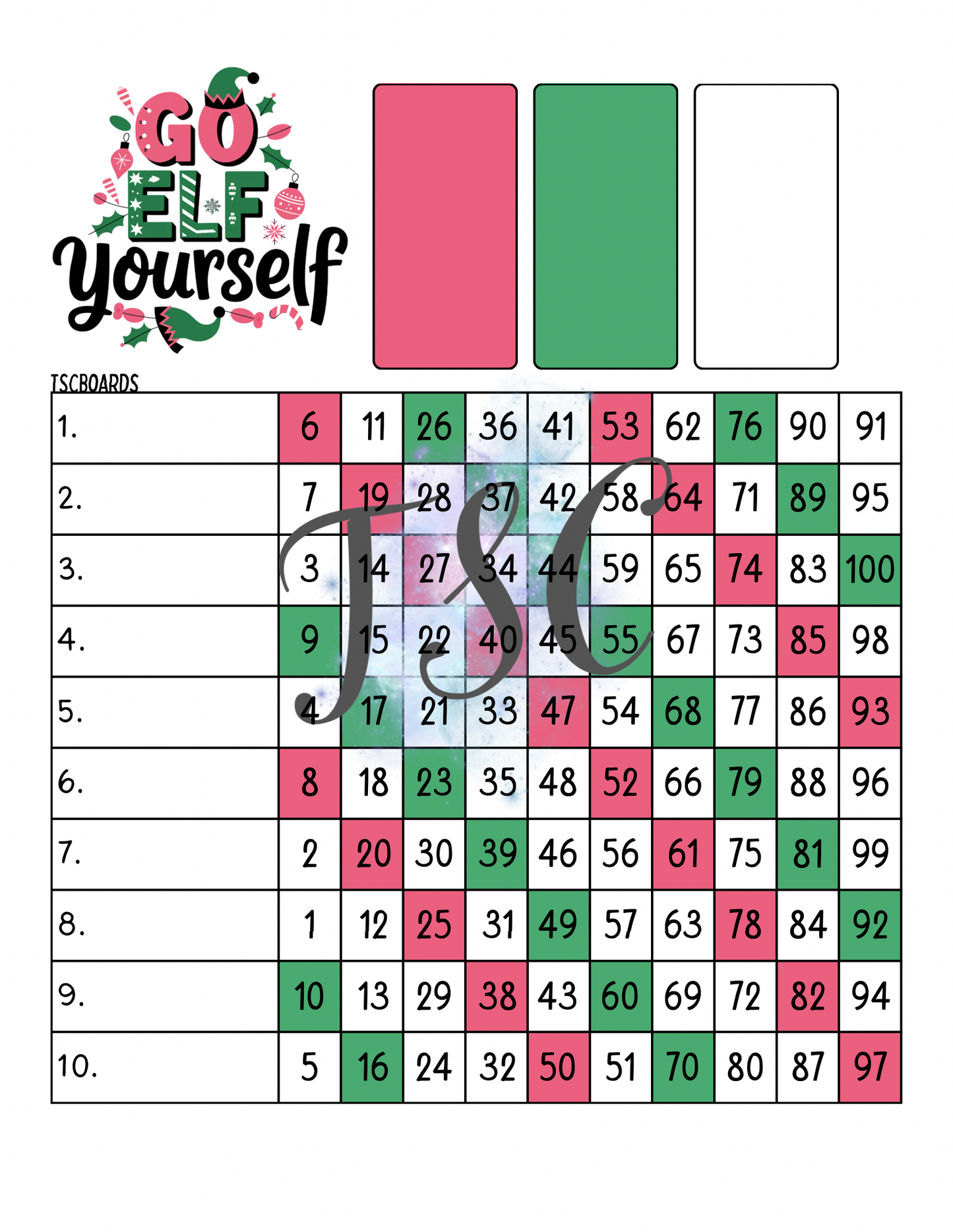 Go Elf Yourself Bingo Board 1-100 Ball