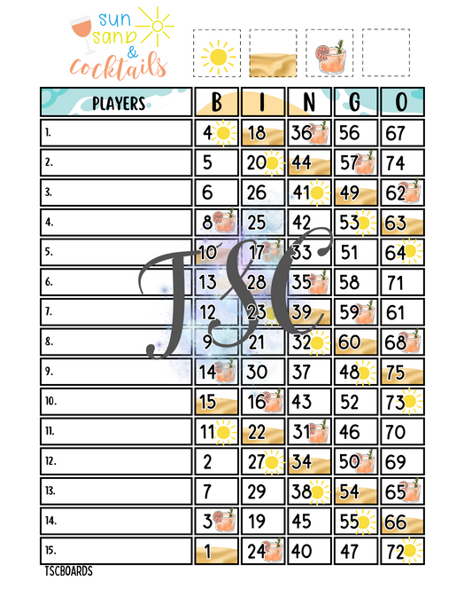 Sun, Sand, & Cocktails Bingo Board 1-75 Ball 1-15 Line