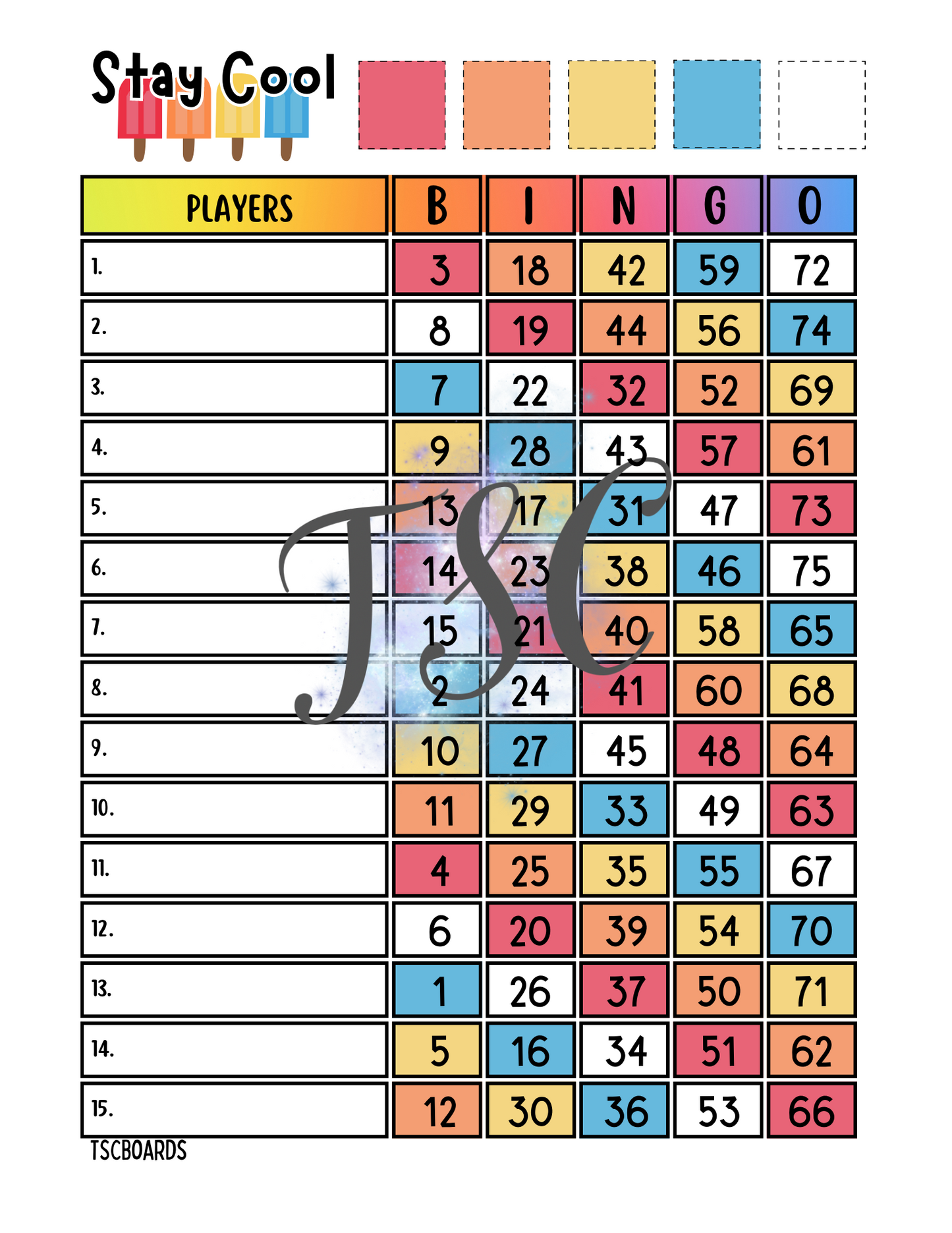 Stay Cool Bingo Board 1-75 Ball 1-15 Line