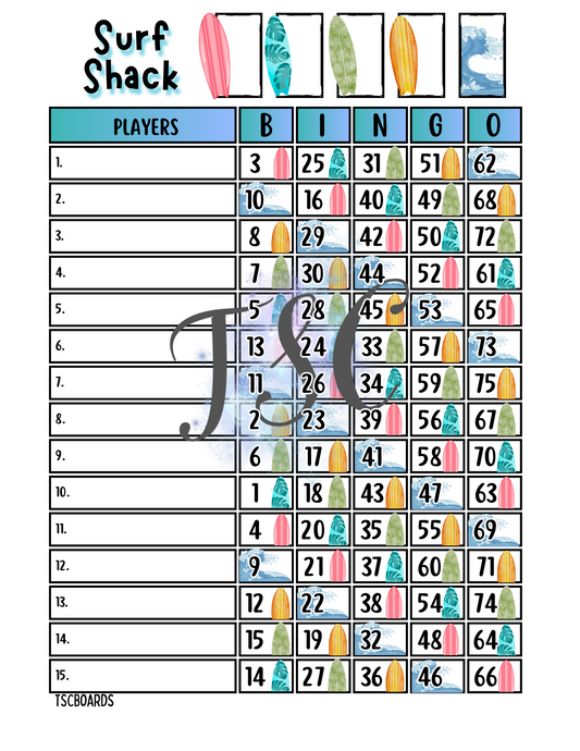 Surf Shack Bingo Board 1-75 Ball 1-15 Line