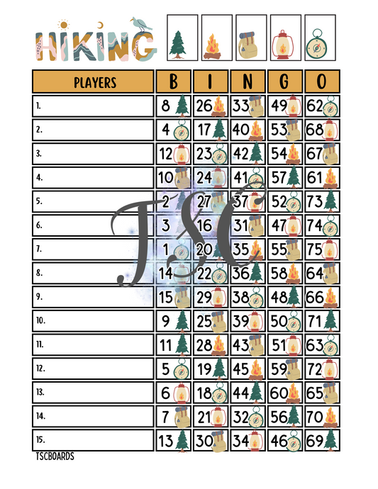 Hiking Bingo Board 1-75 Ball 1-15 Line