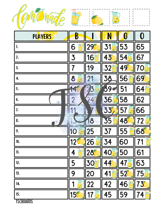 Lemonade Bingo Board 1-75 Ball 1-15 Line