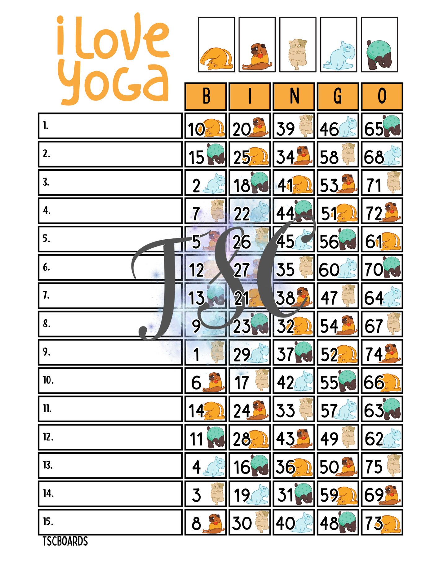 I Love Yoga Bingo Board 1-75 Ball 1-15 Line