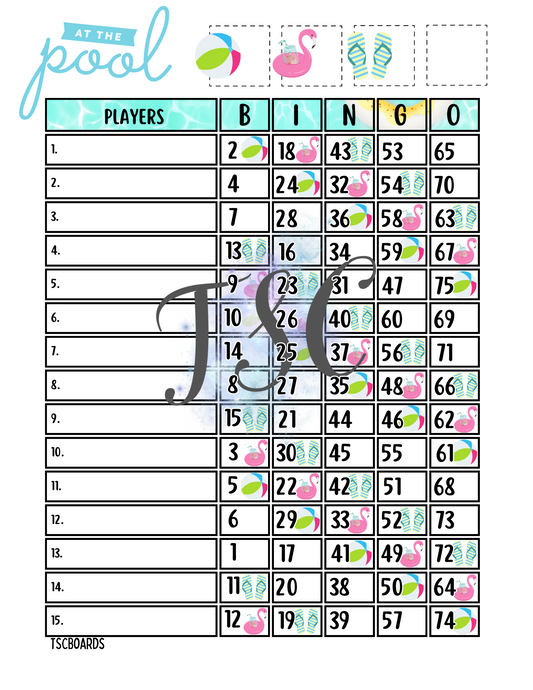 At The Pool Bingo Board 1-75 Ball 1-15 Line