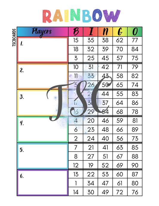 Rainbow Block Bingo Board 1-90 Ball