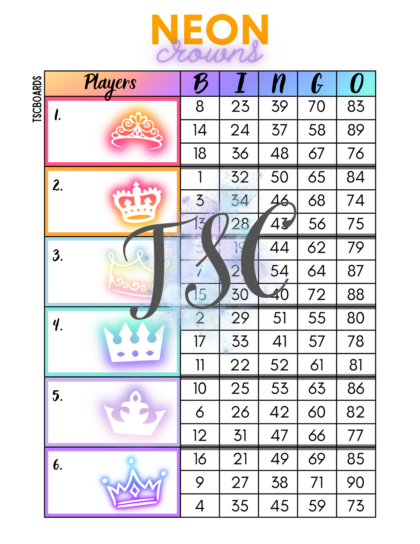 Neon Crowns Block Bingo Board 1-90 Ball