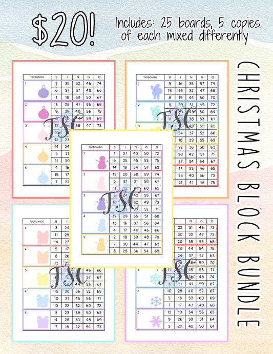 25 Boards - Christmas Block Bundle Bingo Board 1-75 Ball