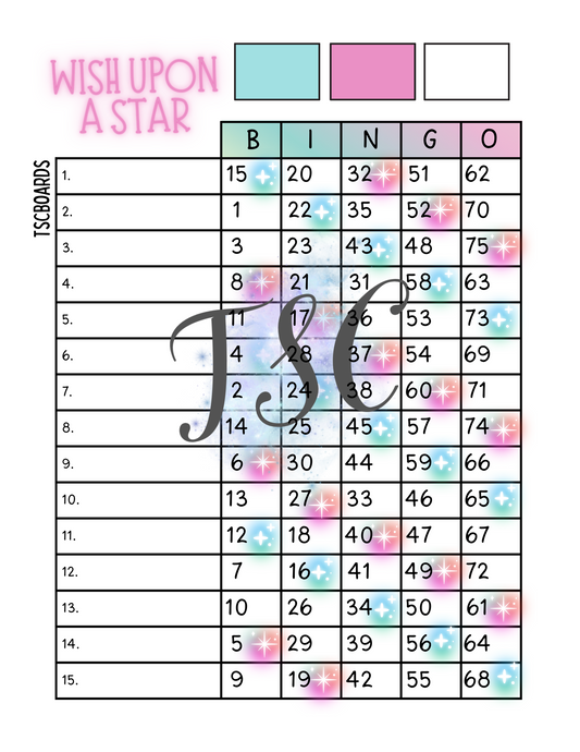 Wish Upon A Star Bingo Board 1-75 Ball