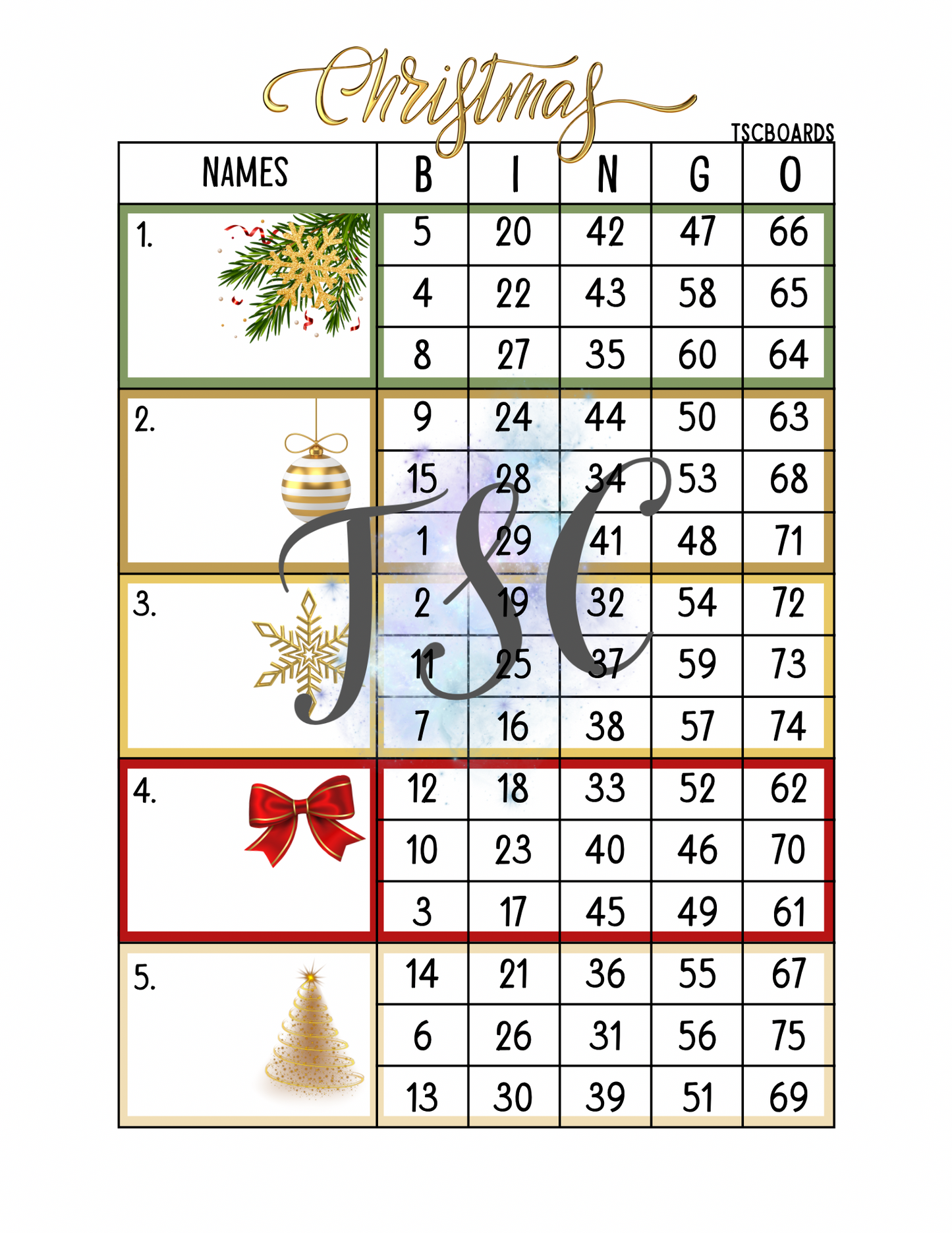 Christmas Block Bingo Board 1-75 Ball