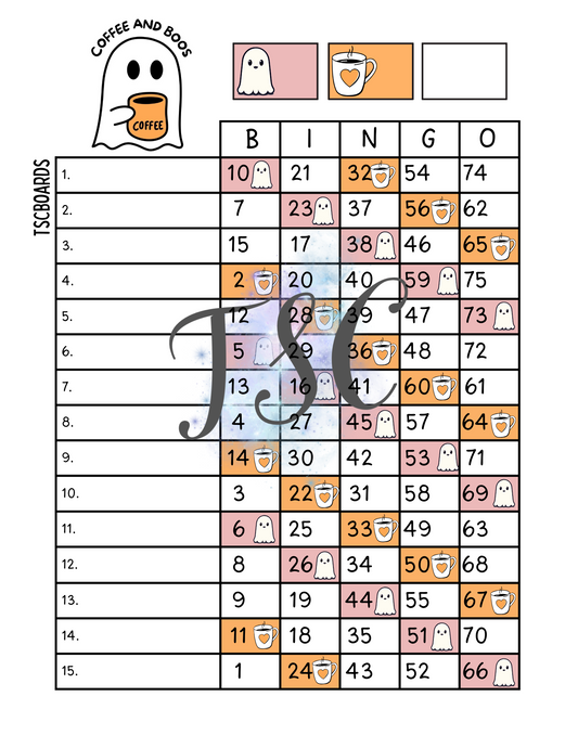 Coffee And Boos Bingo Board 1-75 Ball