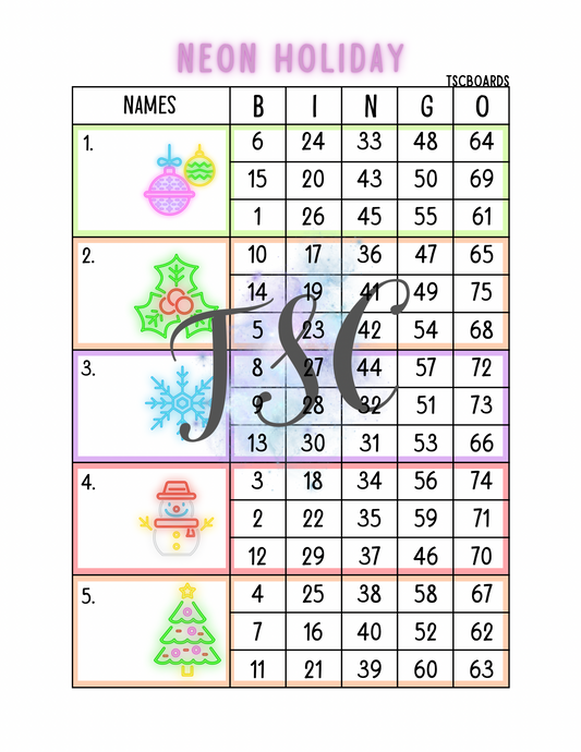 Neon Holiday Block Bingo Board 1-75 Ball