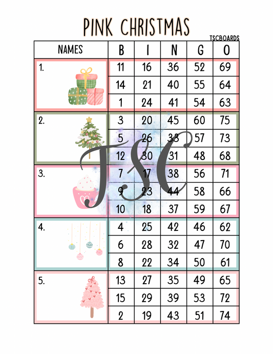 Pink Christmas Block Bingo Board 1-75 Ball