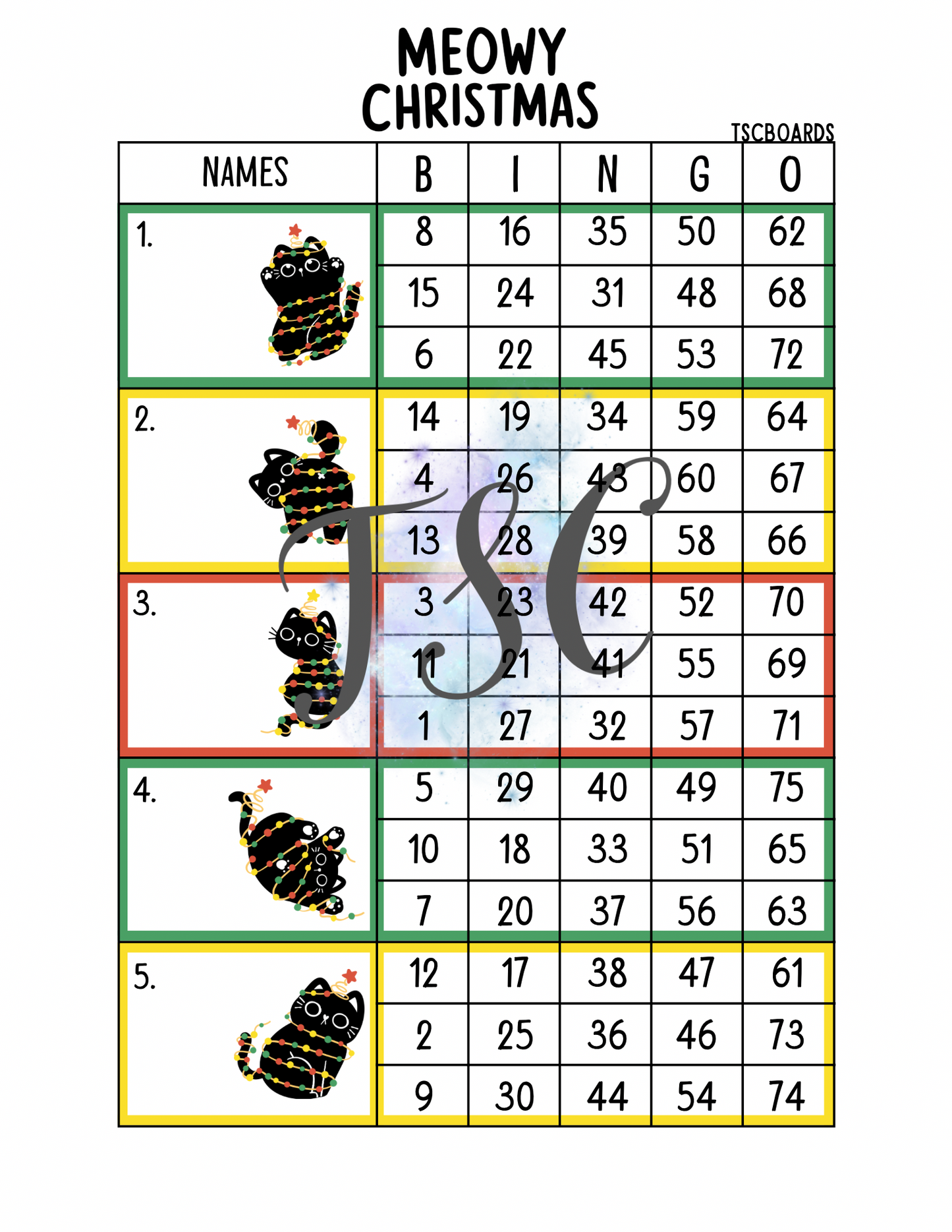 Meowy Christmas Block Bingo Board 1-75 Ball