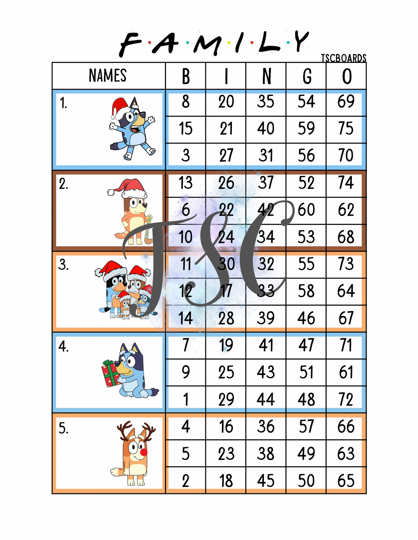 Family Bluey Christmas Block Bingo Board 1-75 Ball