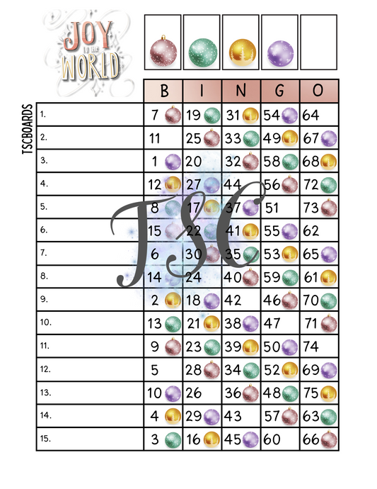 Joy To The World Bingo Board 1-75 Ball